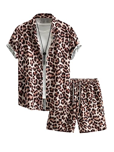 WDIRARA Men's 2 Piece Leopard Print Outfit Button Up Collared Short Sleeve Shirt and Drawstring Waist Shorts