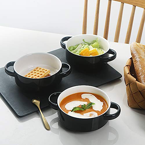 Image of Sweejar Ceramic Soup Bowls with Double Handles, 20 Oz Stacked Bowls for French Onion Soup, Cereal, Pot Pies, Stew, Chill, Pasta, Set of 4 (Black)