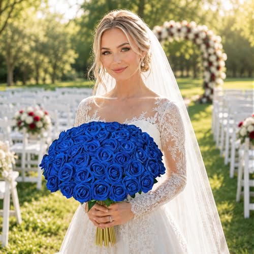 Image of 50 PCS Blue Roses Artificial Flowers, Real Looking Fake Roses with Long Stems Silk Flowers for DIY Wedding Bouquet Party Celebration Home Bridal Shower Decoration Valentine's Day Gift for Her Wife