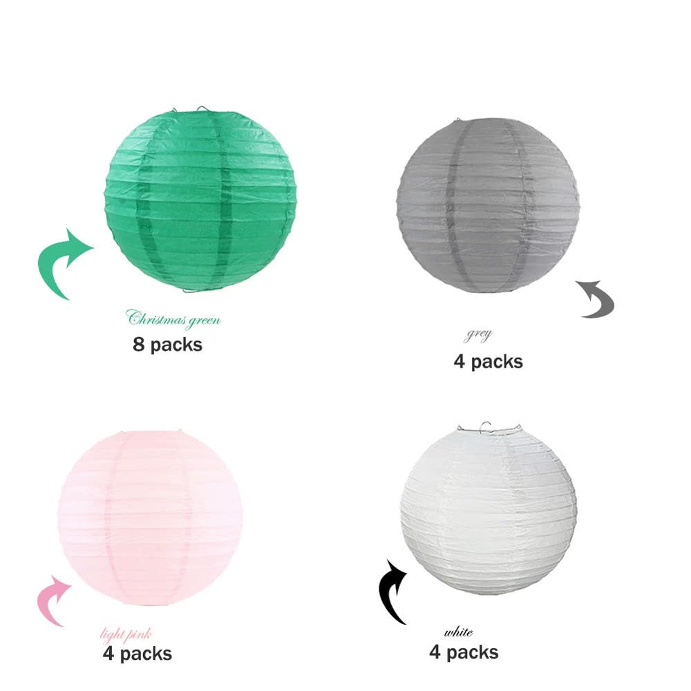 LIUXIN Lot de 20 lanternes en Papier Vertes de Noël avec Boule de lampion Chinoise en Papier Vert foncé, Blanc, Gris, Rose Clair pour décoration de Mariage de Noël