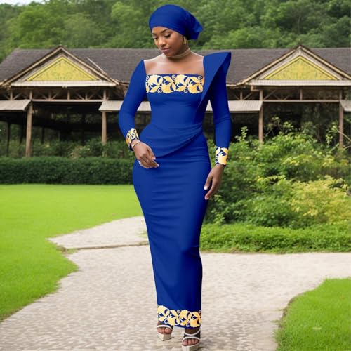 Image of African Dresses for Women High Waist Embroidery Elegant Traditional Midi Dress with Headscarf