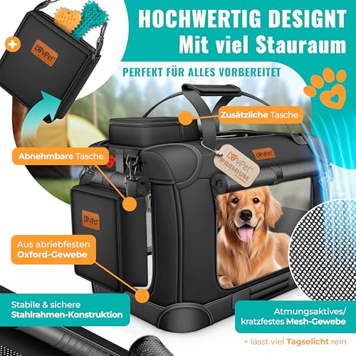 LOVPET® Transportbox Hund Katze Transporttasche XXXL 102x70x70cm | Hunde-Tragetasche Faltbare Katzentasche | Haustier-Transportbox inkl. Hundenapf & Schultergurt | für Katzen & Hunde Schwarz