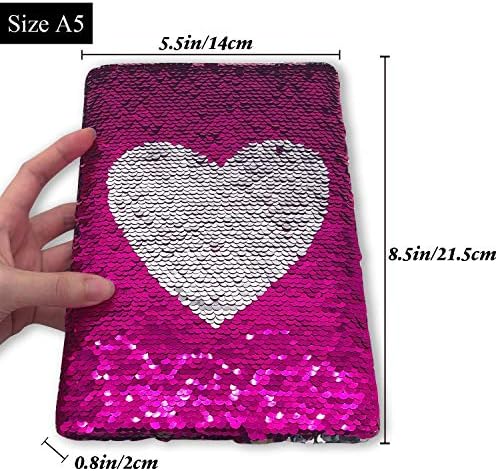 GINMLYDA Girls Diary, Reversible Sequin Girls Notebook 180 Lined Pages 8.5 x 5.5 Secret Diary for Girls Flip Sequence Sliver Heart to Rose Red Perfect Personalised Gifts for Girls age 7 8 10 13 14