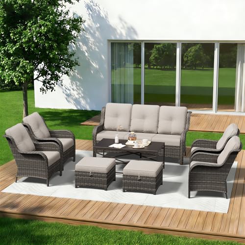 Image of 8 Piece Outdoor Wicker Patio Furniture Set, Patio Chairs Set with Thickened Olefin Cushions, High Back and Deep Seating, Hand-Woven PE Rattan, Ottoman for Porch, Deck