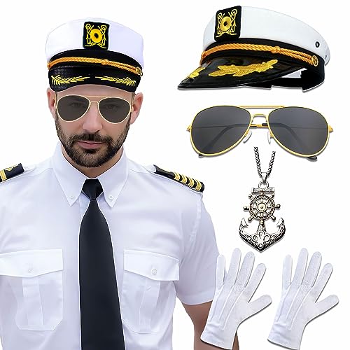 LaVenty Yacht Captain Hat, Sailor Accessories Set including Yacht Captain Hat, Necklace, Aviator Sunglasses, Gloves - Perfect for Nautical Themed Parties, Halloween, Costume Parties