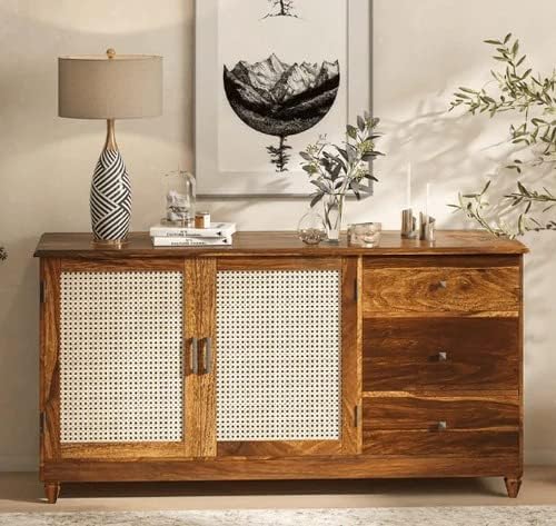 Solid Sheesham Wood Sideboard Cabinet Natural Brown Finish with Rattan Panel 2 Door 3 Drawer Storage Unit Cupboard Credenza Organizer Dining Living Hallway Entryway Bed Room Furniture Home