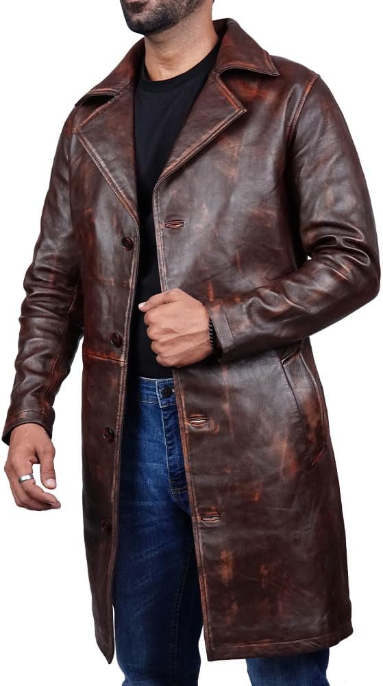 Desired Men's Trench Black Full Body Genuine Leather Duster Overcoat Sheepskin Long Coat Glossy Coat - Image 4