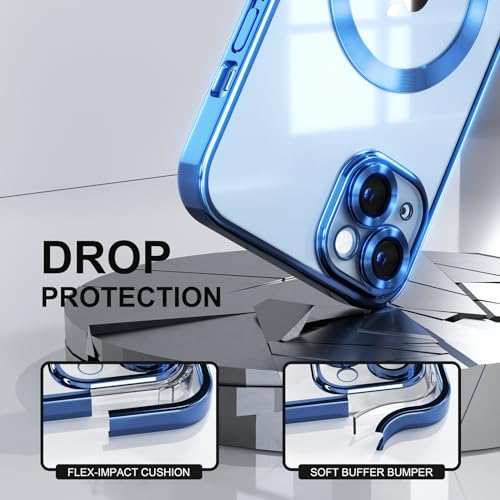 Image of Misea Magnetic for iPhone 14 Plus Case Compatible with MagSafe | [Never Yellowing] [Military Drop Protection] Full Camera Lens Protector Plating Soft Clear Phone Case for Women, Deep Blue