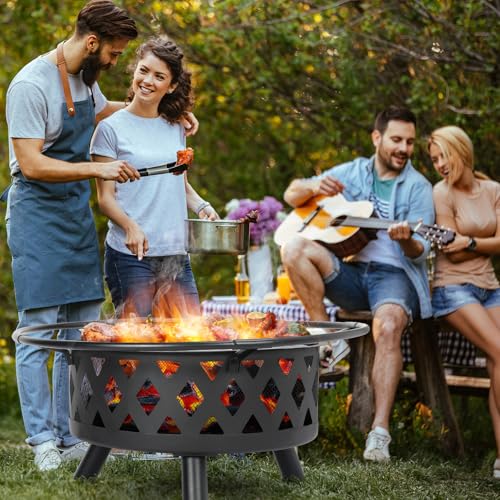 Feuerschale, Ø 76cm Feuerkorb mit Funkenschutz und Schürhaken, Feuerschalen für den Garten Groß, Feuerstelle mit Grill, BBQ Feuerstelle Outdoor, Retro-Look Fire Pit, Multifunktional Feuerkorb – Bild 3