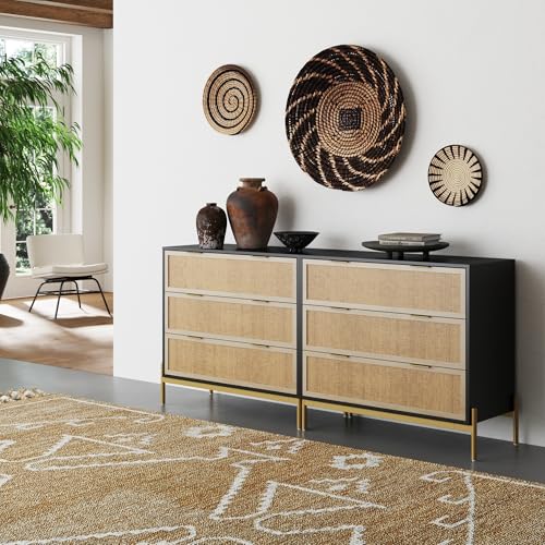 Image of Nathan James Andrew 3-Drawer Chest Rattan Dresser, Bohemian Deep Drawer Dresser for Bedroom with Natural Rattan Accent and Metal Legs, Matte Black, Set of 2