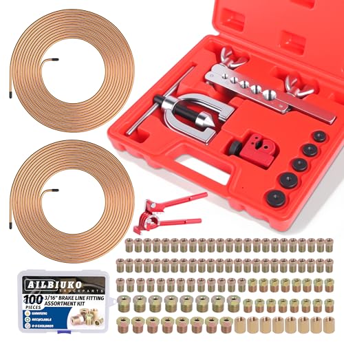 Ailbiuko 3/16 Brake Line Repair Kit Double & Single Brake Line Flaring Tool Kit + 2 Set 25ft 3/16 Inch Brake Line with 100 Pcs Fittings(8 Unions Included) + Brake Line Bender