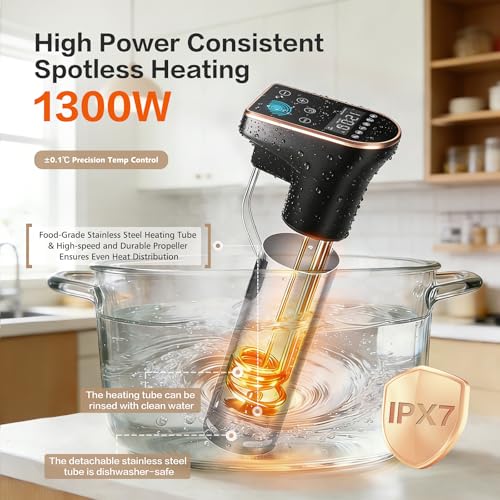 Image of 1300W Sous Vide Cooker | Quiet Immersion Circulator with Brushless Motor, IPX7 Fully Waterproof, 6 One-Touch Presets,No APP