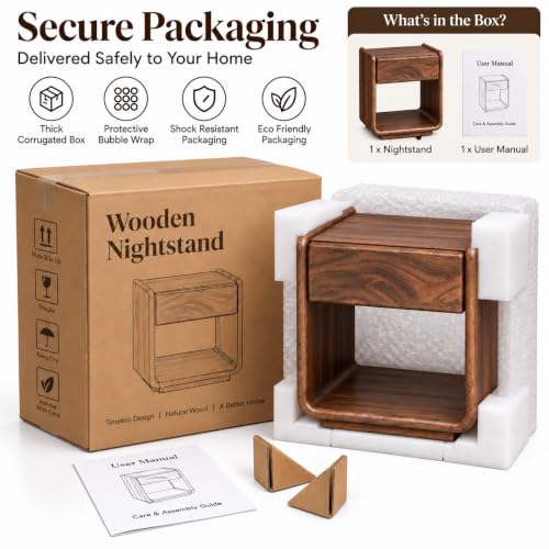 Image of Solid Wood Bedside Table for Bedroom | Wooden Nightstand Lamp Table with Drawer & Open Shelf Storage for Home & Hotels