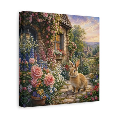Tableau lapin féerique en toile 25x25 cm décor carré pour salon et console