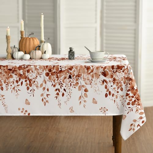 Image of Horaldaily Fall Tablecloth 60 x 140 Inch Rectangular Eucalyptus Floral | Caramel Seasonal Washable Table Cover for Party Picnic Dinner Decor