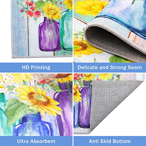 Spring Kitchen Mat Set Of 3, Sunflower Kitchen Rugs Non Slip Machine Washable Standing Mat Sunshine Spring Decor Floor Carpets For Sink Laundry Entryway Doormat Bedroom(Blue) #TOP2