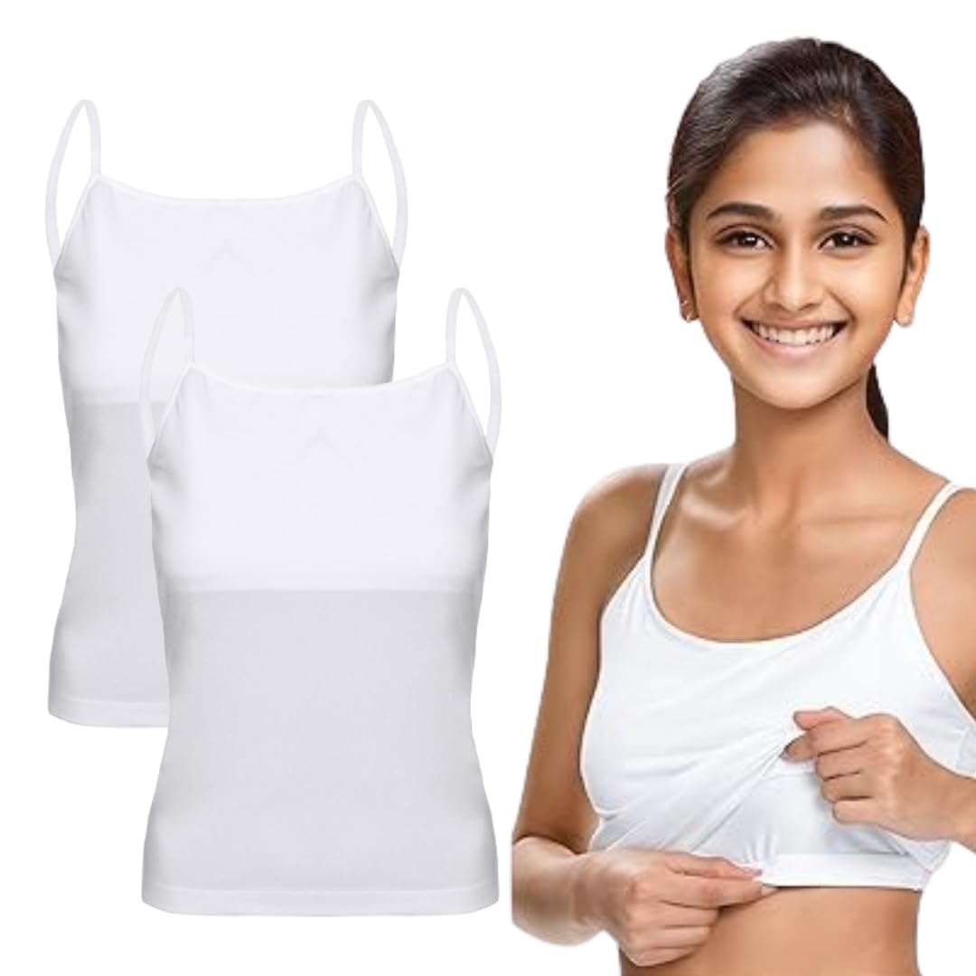 KIKWIT Padded Slip for Girls, Teenage Camisole, Spaghetti Top, Tank Tops for Girl, Adjustuble & Stretchable (Pack of 2) (13-14 Years, White)
