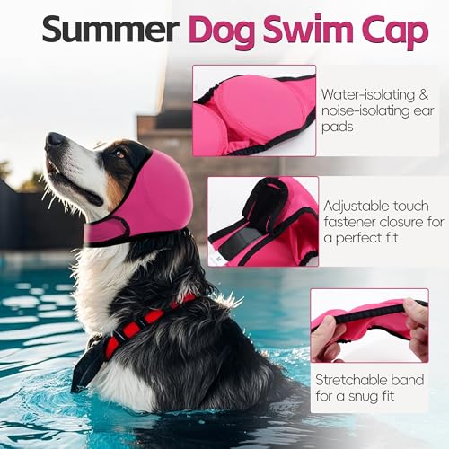Image of Dog Calm Hoodie Ear Wraps for Dogs, Waterproof Dog Swim Cap, Ear Cover Muffs for Anxiety Relief Noise Cancelling, Dog Head Warp Ear Protection for Hematoma Fireworks Bath Swim Blow Drying(S,Rose Redd)