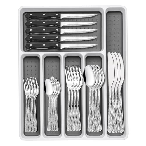 Image of 49-Piece Silverware Set with Organizer, Food-Grade Stainless Steel Flatware for 8, Cutlery Utensil Sets with Steak Knives, Rust-proof, Mirror Polished, Dishwasher Safe, Silver Tree Pattern