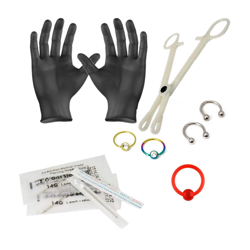 BodyJewelryOnline 10 Pcs. Piercing Kit Incl. Captives, Horseshoes, Needles, Forceps, Gloves - PK014