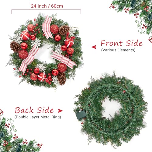 24 in Pre-Lit Christmas Wreath for Front Door, Artificial Christmas Wreath with 20 Led Lights and Timer, Xmas Wreath with Red Berries, Pine Cones, Ball Ornaments for Holiday Decor