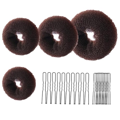 4 Pcs Ring Style Donut Bun Shaper with 20 Hair Pins Hair Donut Brown Hair Donuts Hair Donut Bun Maker Set Hair Bun Donut for Girls Kids Women DIY Chignon Hair Styles Dancer Ballerina(Brown)