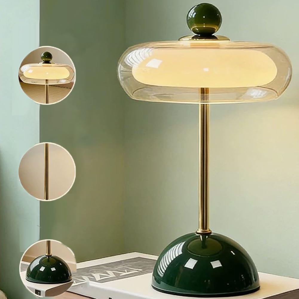 LED Tischlampe Kabellos Glaslampenschirm Pilz Lamp Batteriebetrieben USB Aufladbar Ohne Kabel Nachttischlampe Dimmbar mit Touch Control Mushroom Lamp Modern Dekoration lnnen und Außen,Grün