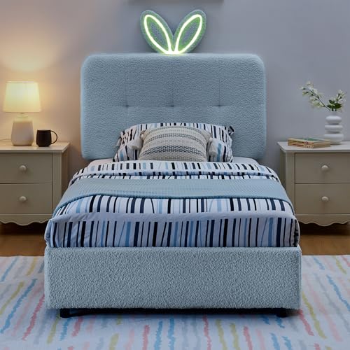 Image of Twin Led Bed Frame with 4 Storage Drawer, Upholstered Platform Floor Bed with Rabbit Ear Headboard Daybed Strong Wooden Slats No Box Spring Needed for Kids Girls Boys, Blue