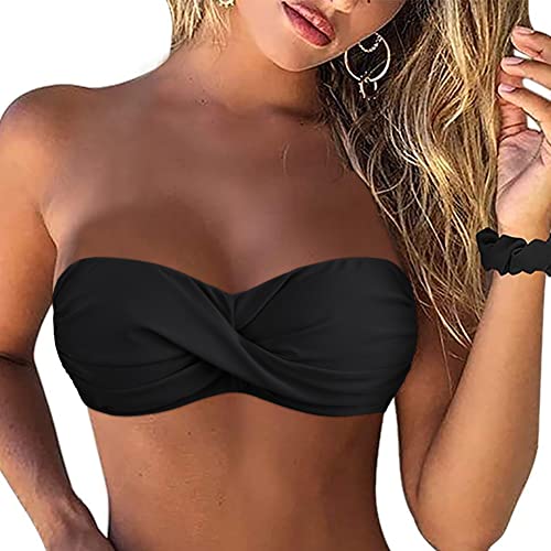 Firpearl Women's Push Up Halter Bikini Black Strapless Swims Top Vintage Bandeau Bathing Suit Top US6