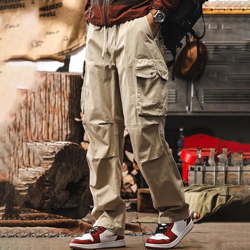 XYXIONGMAO Men's Khaki Cargo Pants Loose Drawstring Elastic Waist Multi-Pocket Sweatpants Streetwear Overalls for Men3