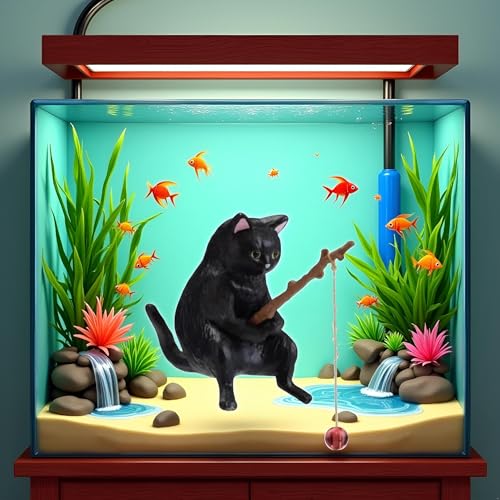 Image of BWESOO Black Fish Tank Landscaping Cartoon Fishing Cat Ornaments Aquarium Accessories Household Supplies Home Office Decorations Fishing Cat Figurine Ornaments Aquarium Decor