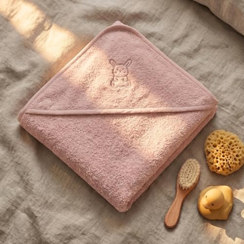 Image of Baby Hooded Towel for Girls (0 - 1.5Years) | Soft Cotton Terry Hooded Towels | Pink Baby Hooded Towel for Newborn & Infant | 70 x 70 cm