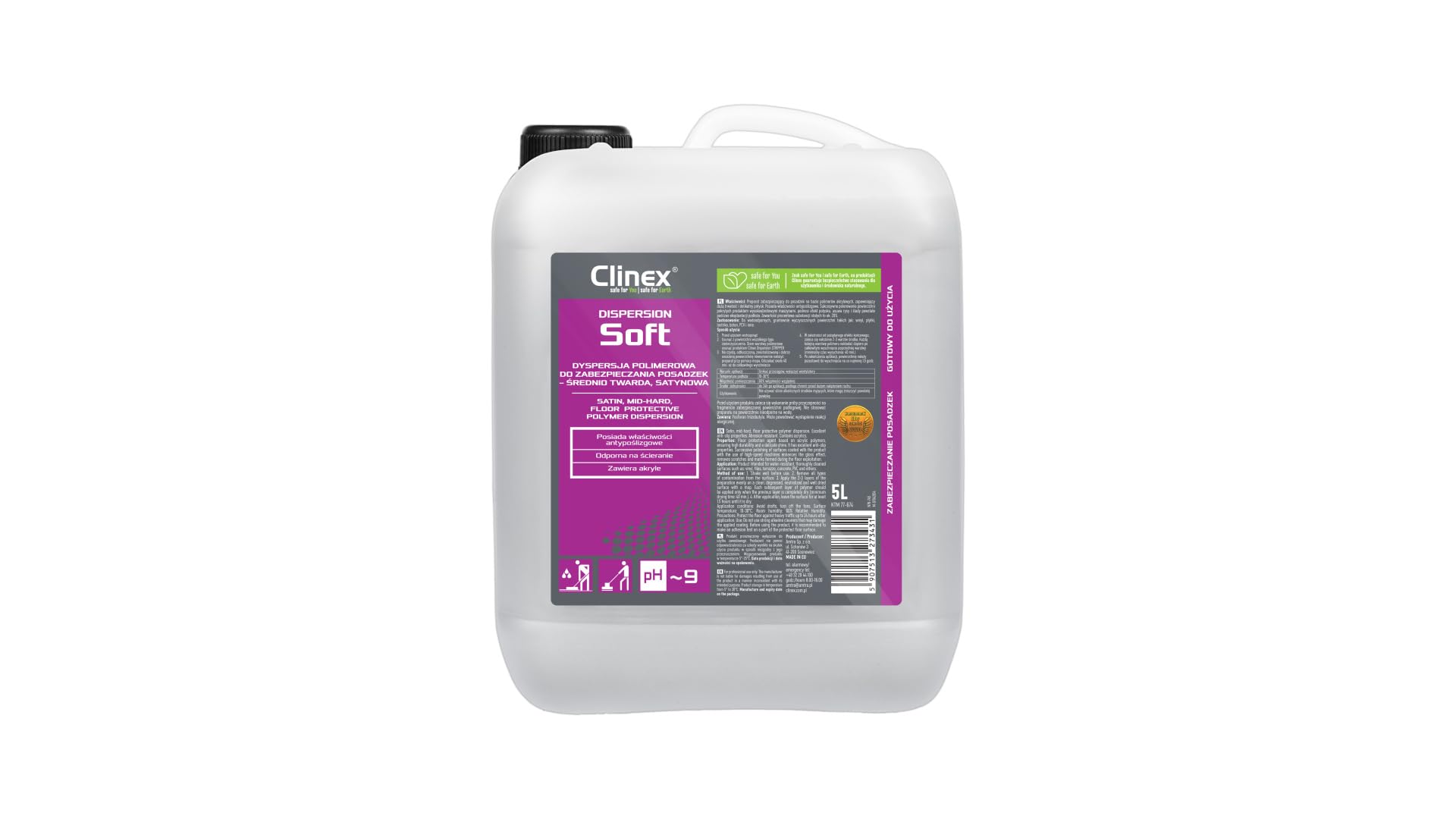 CLINEX Dispersion Soft, środek ochrony podłogi, średnio twardy, satyna/ochronne/polimery akrylowe/antypoślizgowe/czyszczenie ręczne/pranie w pralce/do szkół/5l
