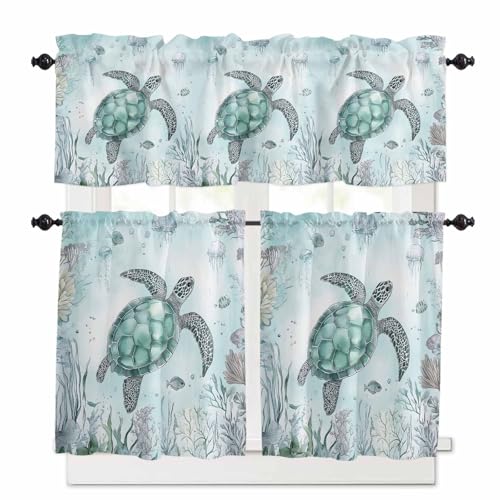 Coastal Sea Turtle Kitchen Curtains 24 Inch Length, 3 Piece Rod Pocket Small Half Tiers and Valance Set, Nautical Marine Jellyfish Coral Small Large Window Treatment Decor for Bedroom/Bathroom Sink