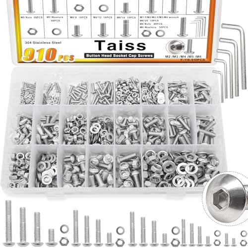Taiss 910PCS Metric Screw Assortment M2 M3 M4 M5 M6,304 Stainless Steel Button Head Socket Cap Metric Screws Bolts Nuts and Washers Assortment Kit with Hex Wrenches