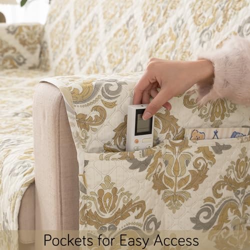 Image of HOKIPO 'VivaCasa Series' Polyester 2 Seater Quilted Sofa Cover with Pockets, Damask Beige (IN-739-D4)