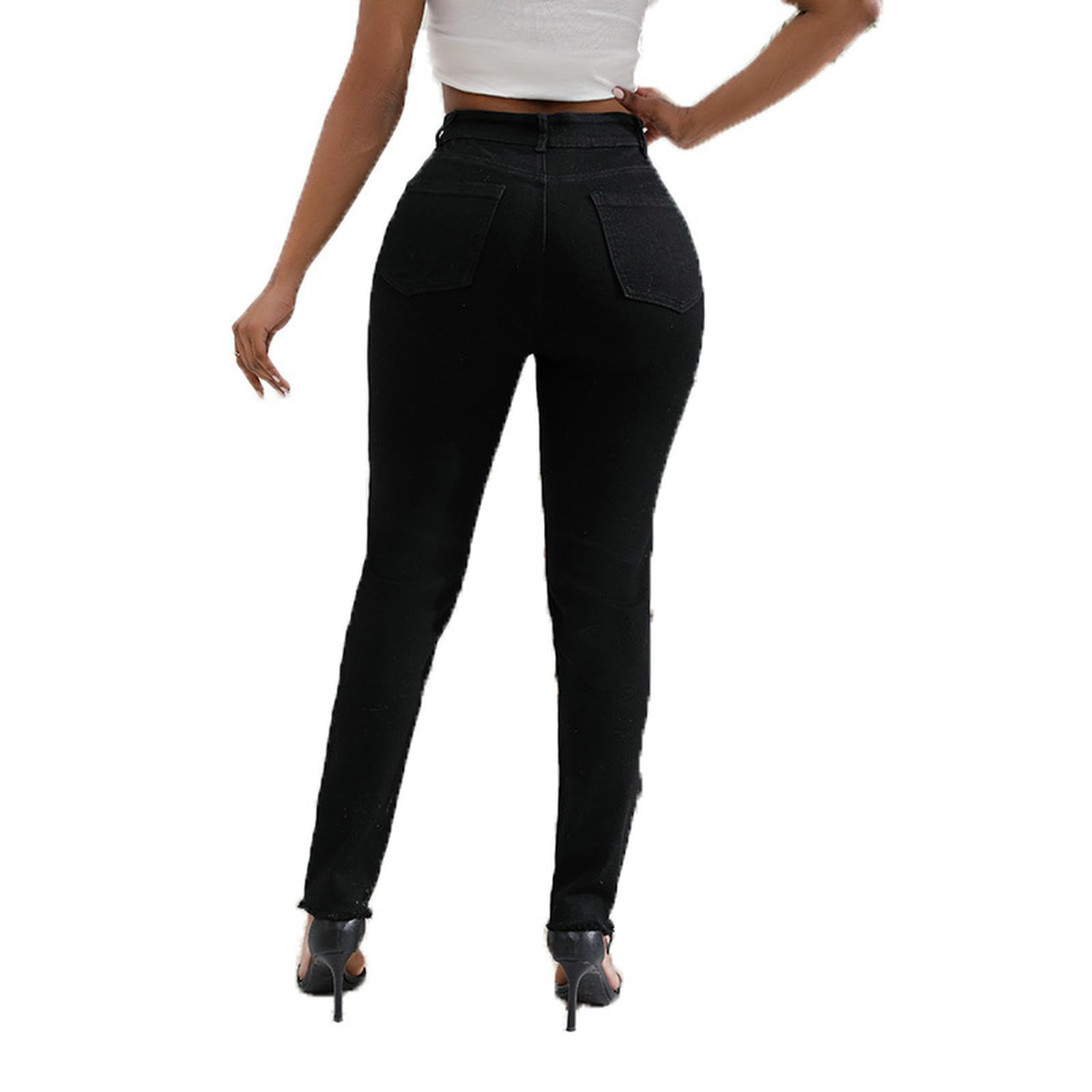 Jeans da Donna Fashion Denim Slim-Fit Strappato Lungo Neri A Vita Sexy per Donne-Azzurro-l