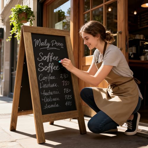 Double Sided Wooden Replaceable Chalkboard A Board Pavement Sign A Frame Chalkboard Signs Board Magnetic with 4 Writing Board Adjustable Angle Non-Slip Feet Chalkboards Signs Sandwich Blackboard