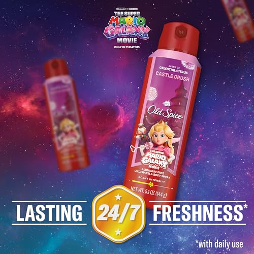 Image of Old Spice Aluminum Free Body Spray for Men, Old Spice x The Super Mario Galaxy Movie, 24 /7 Lasting Freshness, Lasting Odor Protection, Smell Super with Castle Crush, Celestial Citrus Scent, 5.1 oz
