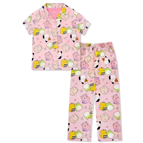 Squishmallows Girls Pajama Set - 2 Piece Girls Pjs Button Down Short Sleeve & Pants For Kids - Official Product Pink