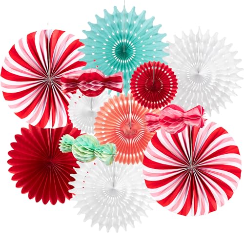 Image of PAPER JAZZ 12pcs Candy Paper Fans Christmas Decoration,Candy Honeycomb Christmas Decorations,White and Red Xmas Decoration Wall /Ceiling for Classroom,Bulletin Board,Winterwonderland,Office Decor.