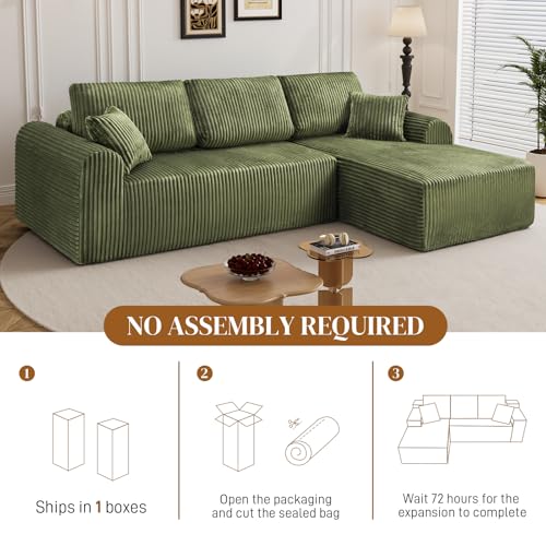 Image of 110 inch L Shaped Boneless Sectional Couches for Living Room, Comfy Corduroy Floor Cloud Sofa with Chaise, Wide Armrest, Deep Seat, Memory Foam, Assembly Free, Ideal for Small Spaces, Green