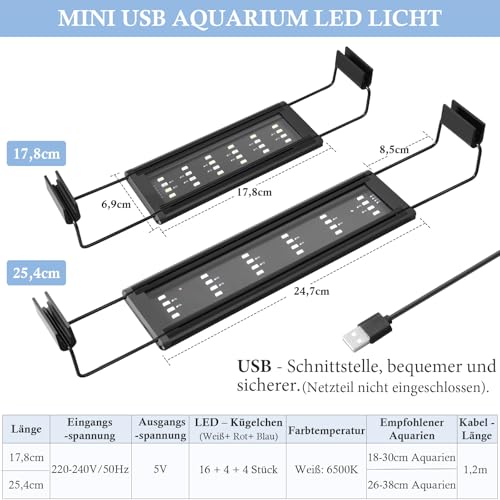 FEDOUR USB Mini Aquarium LED Light, Vollspektrum Aquarium Beleuchtung mit Ausziehbaren Halterungen, verstellbares Aquarium Plants Licht mit Externem Controller, für Süßwassertank – Bild 3