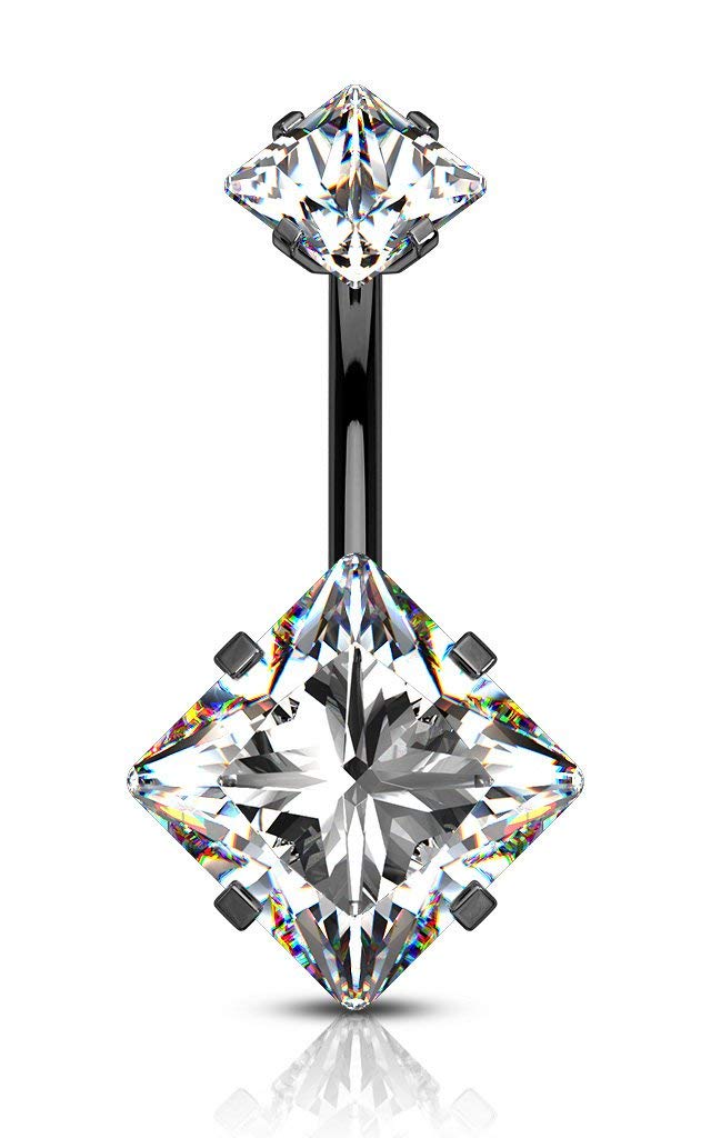 Forbidden Body Jewelry Surgical Steel Belly Button Ring with Square CZ and Internally Threaded Matching Top