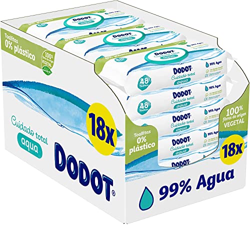 DODOT Toallitas Cuidado Total Aqua Para Bebé, 99% Agua, 100% Fibras De Origen Vegetal, Toallitas, 18 Paquetes (18 X 48), Blanco, 864 Unidades