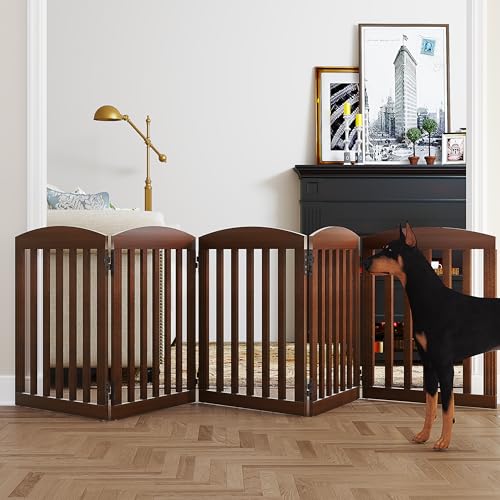 Image of SPIRICH 120" Extra Wide 28" Tall Dog Gate Indoor, Dog Gates for Doorways, Stairs, The House, Wooden Freestanding Foldable Pet Gate, Step Over Puppy Safety Fence, 5 Panels, Brown