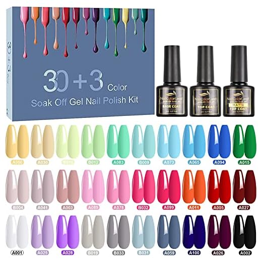 33 Pcs 8ML Esmalte Semipermanente, SHOWNAIL 30 Colores de Pintauñas Semipermanentes Remojo con Base, Top Coat Brillante y Mate, Set Esmalte de Uñas Semipermanentes con Negro, Blanco, Azul, Pastel