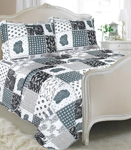 Foral Patchwork Vintage Country Cottage Style Bedspread Coverlet Quilt Bed Throw Including Pillow Shams Covers (Kansas)