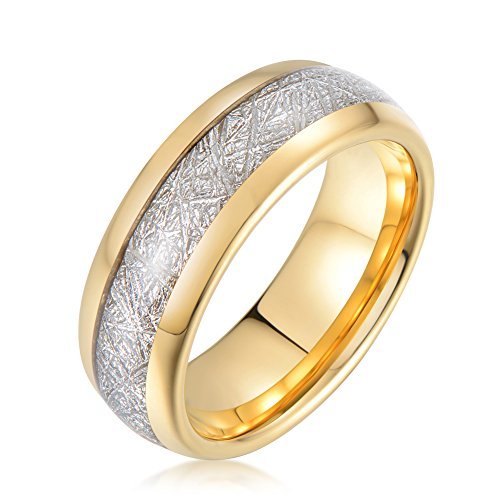 tiitc 8mm Domed Gold Tungsten Carbide Ring Meteorite Inlay Wedding Band Size 7~13 (8.5)