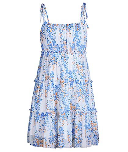 Mansy Womens Floral Mini Dress Boho Flowy Skater Dresses Short Sleeveless Ruffle Spaghetti Strap Dress Blue - Image 4